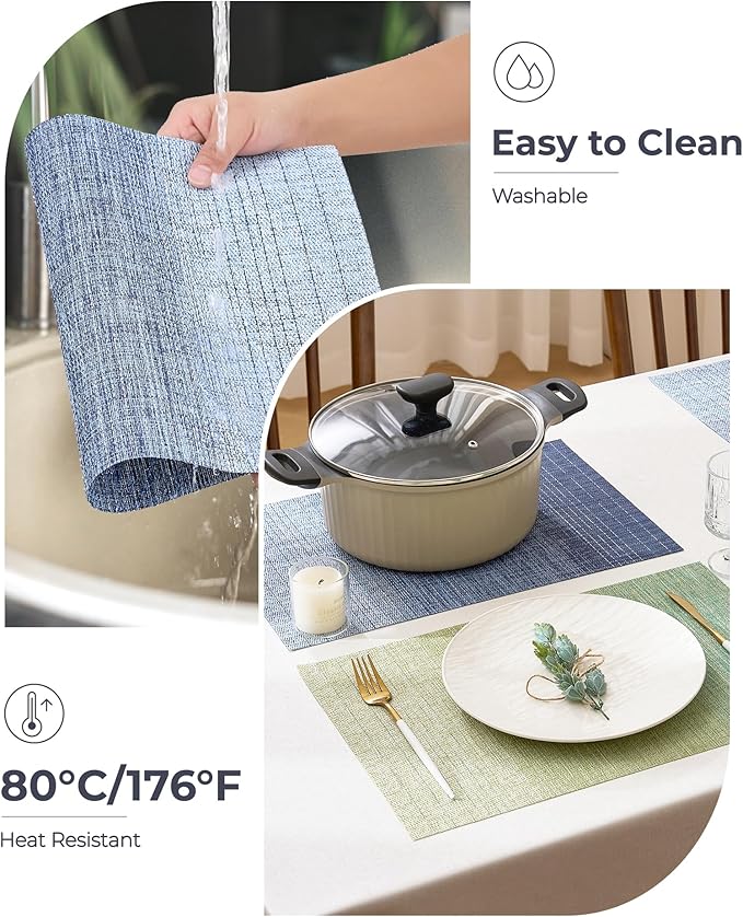 Leetaltree Gradient Blue Woven Placemats Set of 6 - Heat Resistant Non-Slip Place mats for Dining Table, Washable Durable PVC Vinyl Woven Table Mats(Gradient Blue, 6)