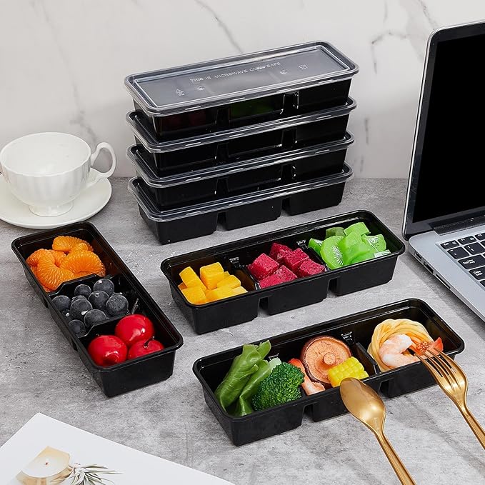 Hushee 100 Pack 17 oz Small Meal Prep Containers with 3 Compartments Snack Containers with Lid Disposable Plastic Bento Box Travel Lunch Food Boxes Stackable for Office Picnic (Black)
