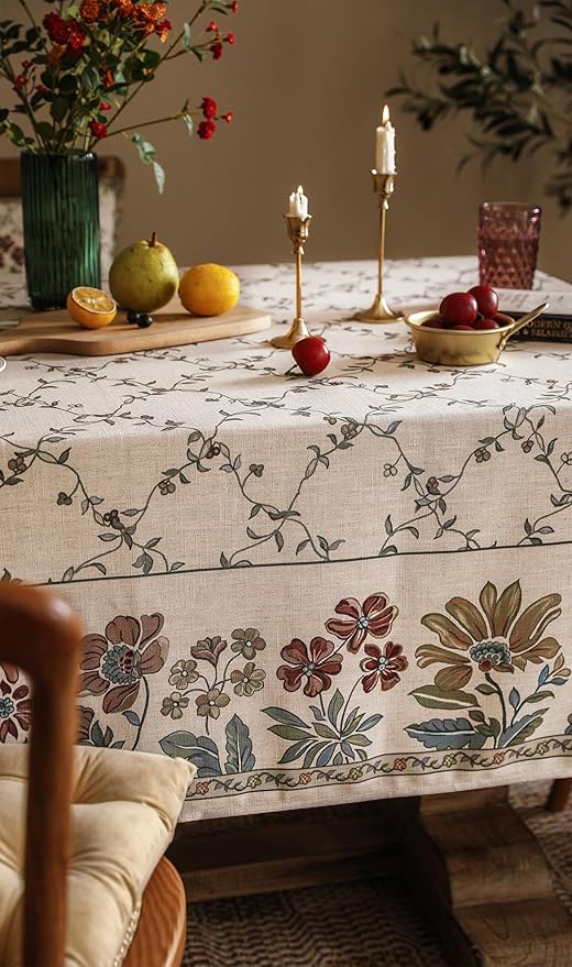 patdrea Designer Linen French Tablecloth for Rectangle Table,Fall Country Breathable Floral Tablecloths,Table Cover for Kitchen Dining,Tea Party,Christmas,Thanksgiving,55"x87"-Oliveirad