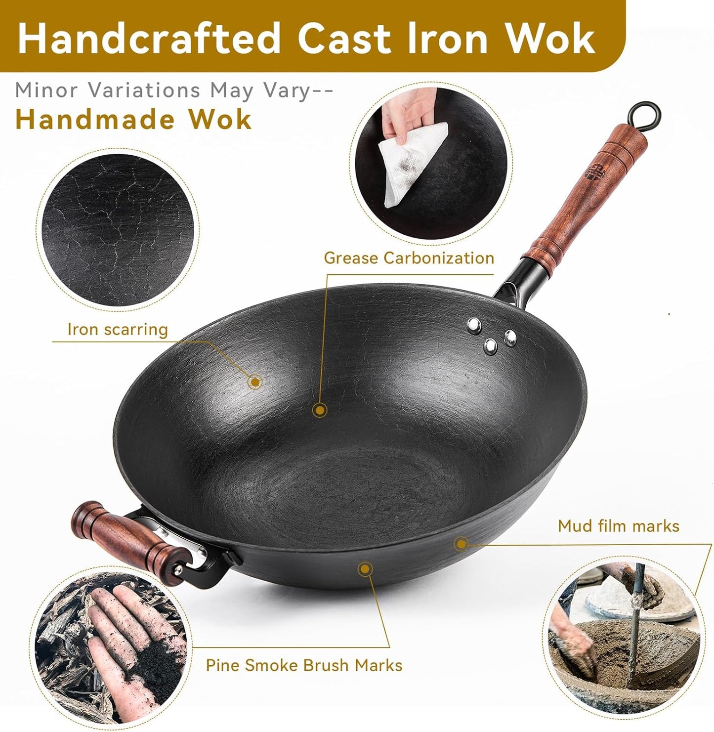 WANGYUANJI 13.4 Inch Cast Iron Wok with Glass Lid – Traditional Flat Bottom Chinese Wok, Heavy Duty Non-Coated Pan for Gas, Induction & Electric Stovetops, Black