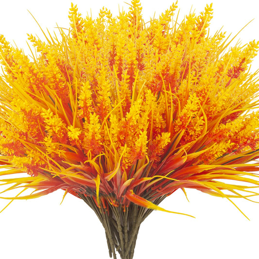 20 Bundles Artificial Plants Outdoor Fake Monkey Grass with Flowers (Fall Orange)