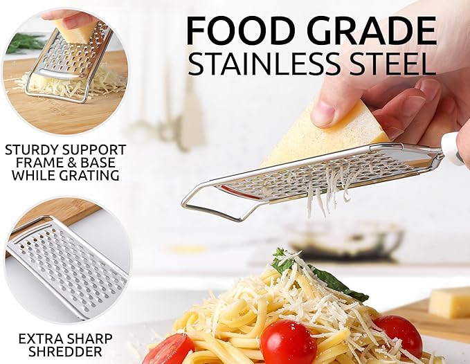 Zulay Kitchen Professional Cheese Grater Stainless Steel - Durable Rust-Proof Metal Lemon Zester Grater With Handle - Flat Handheld Grater For Cheese, Chocolate, Spices, And More - Grey