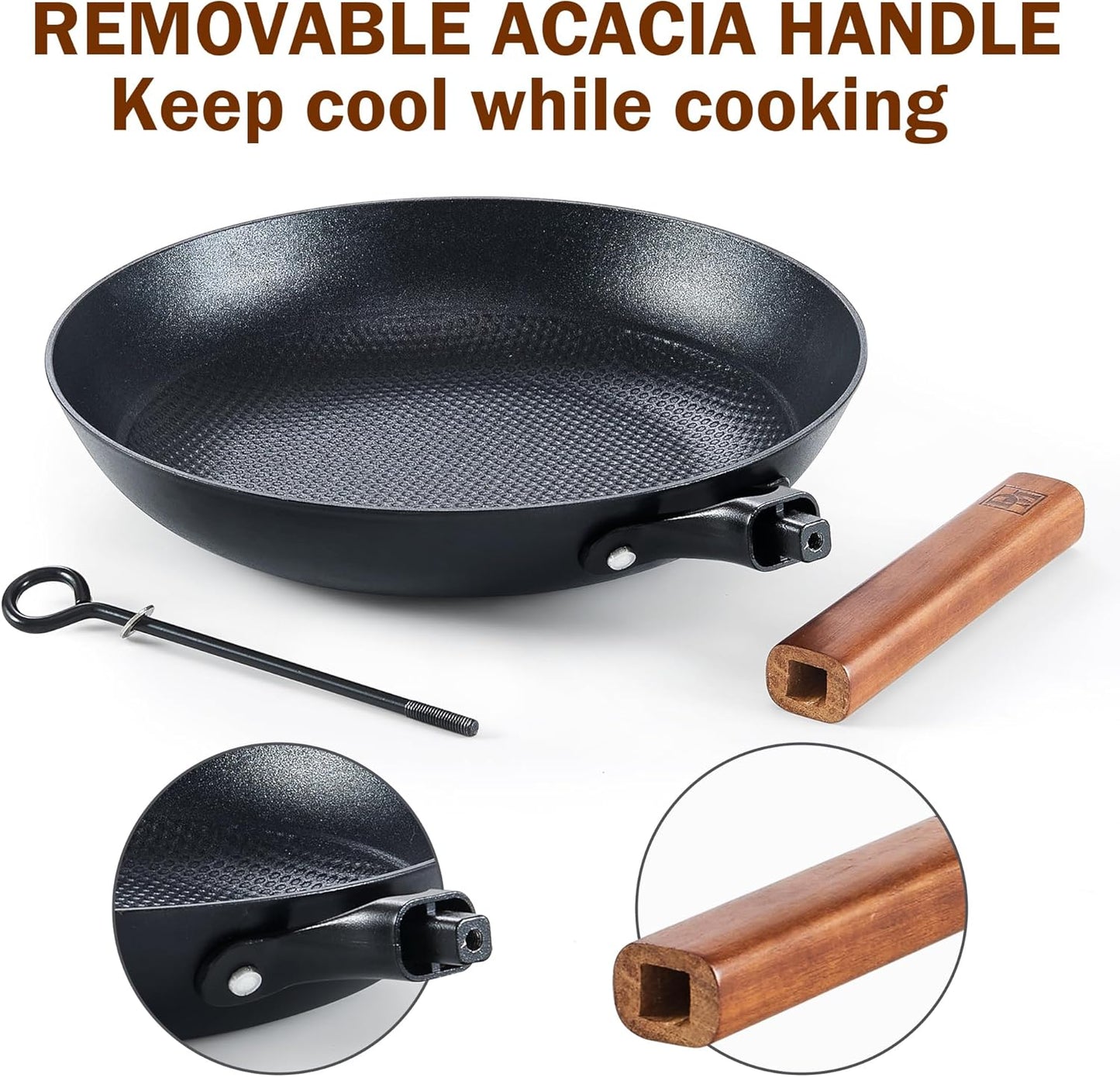 DM Cast Iron Skillet, 10 Inch Nonstick Frying Pan with Detachable Acacia Wooden Handle, Honeycomb Non stick Omelet Egg Pan, Easy Clean Oven Safe Pans for Cooking