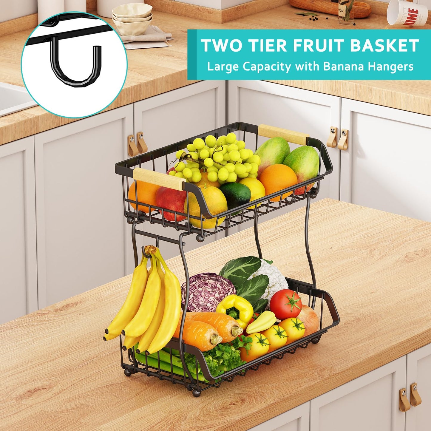ANTOPY 2 Tier Fruit Basket with 2 Banana Hangers, Detachable Countertop Fruit Bowls for Kitchen Counter, Metal Wire Fruit Vegetable Storage Holder Stand with Wooden Handles for Bread, Snacks, Veggies