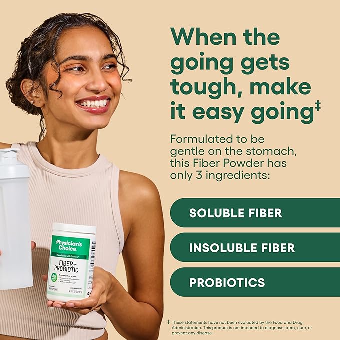 Physician's CHOICE Fiber & Probiotic Powder - Supports Regularity, Bloating, Gas, & Digestive Health - Organic Prebiotic - Sugar Free Fiber Supplement for Women & Men - Unflavored - 8.7oz