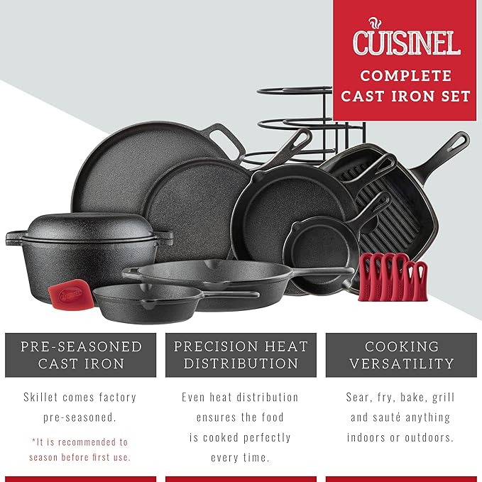 Cast Iron Cookware 18-Piece Set - Pre-Seasoned 6" + 8" + 10" + 12" Skillet + Grill Pan+Lid + Griddle + Pizza Pan + Dutch Oven+Cover/Pan + Panrack + Silicone Handle Cover + Pan Scraper/Cleaner