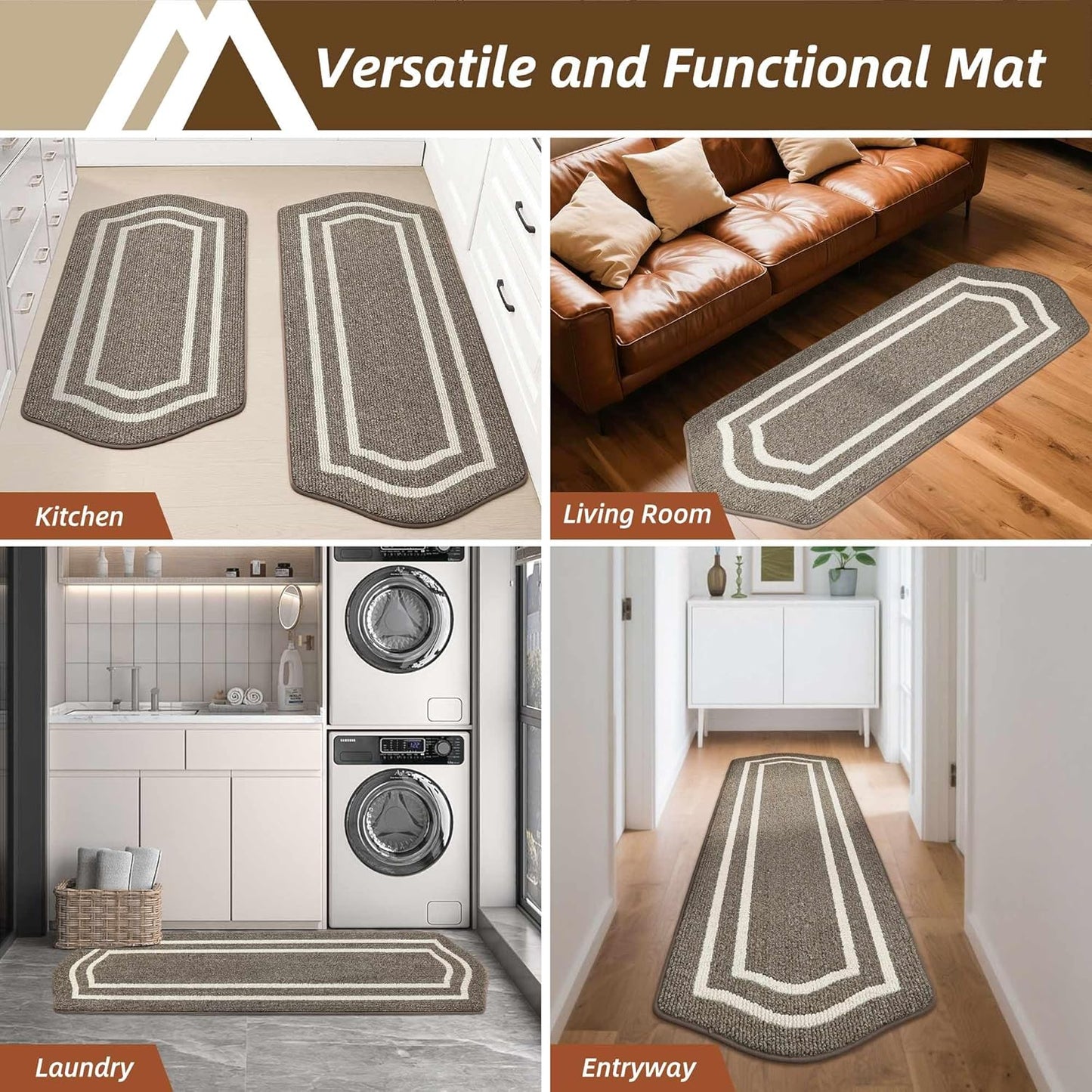 COSY HOMEER Long Kitchen Floor Mats for in Front of Sink Super Absorbent Kitchen Rugs and Mats 24"x48"+24"x59"Non-Skid Kitchen Mat Standing Mat Washable,Polypropylene,Brown,Frame