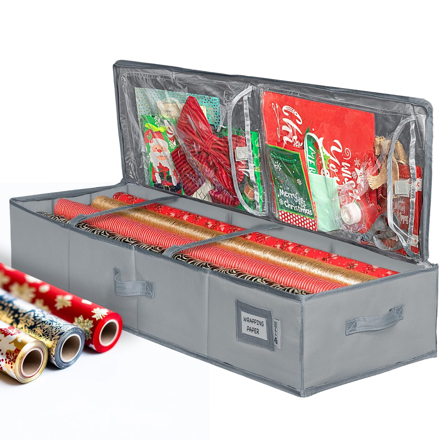 Premium Wrapping Paper Storage Container -Durable Material 600D tear-proof - Fits up to 27 Paper Rolls -Extra Pockets for Ribbons & Bows. Underbed Gift Wrap Organizer, Ideal for Holiday Christmas, etc