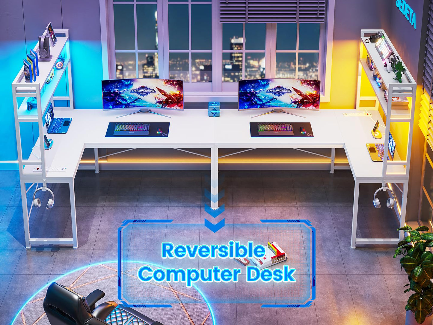 SEDETA White Corner Desk, Reversible 45.3” Small Computer Desk with Power Outlet and LED Lights, Corner Computer Desk with Hutch, Storage Shelves and Hooks for Small Space