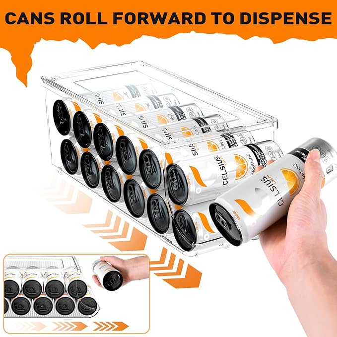 SCAVATA 4 Pack Skinny Can Organizer for Refrigerator, Stackable Tall Skinny Soda Pop Can Holder Dispenser with Lid for Fridge Pantry Rack Freezer, Clear Plastic Storage Bins-Holds 12 Slim Cans Each