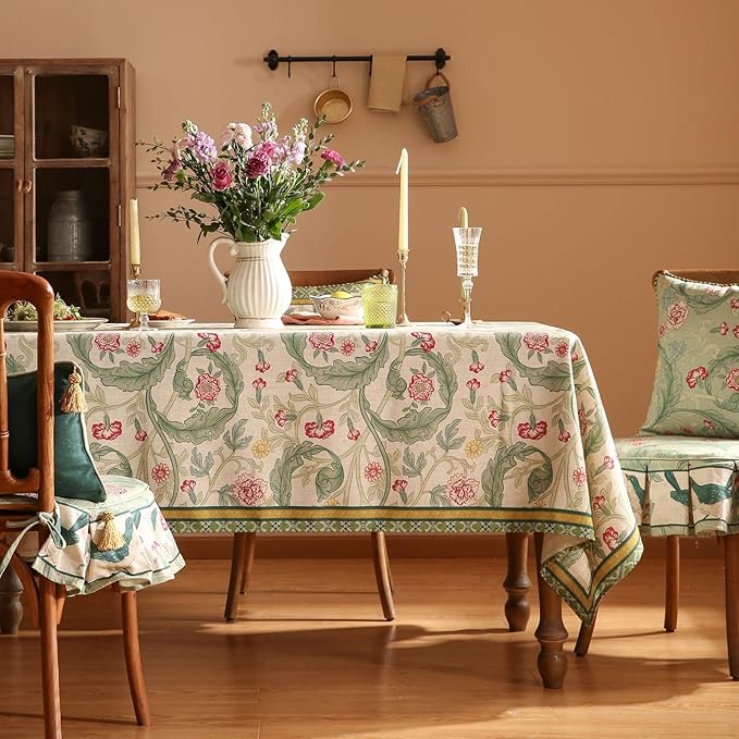 patdrea Designer Linen Green Square Tablecloth,Leaves Pattern Floral Durable Vintage Table Cloth,Decoration Table Cover for Kitchen Dining Christmas,Thanksgiving,Tea Party,67"x67"-Cecilia a