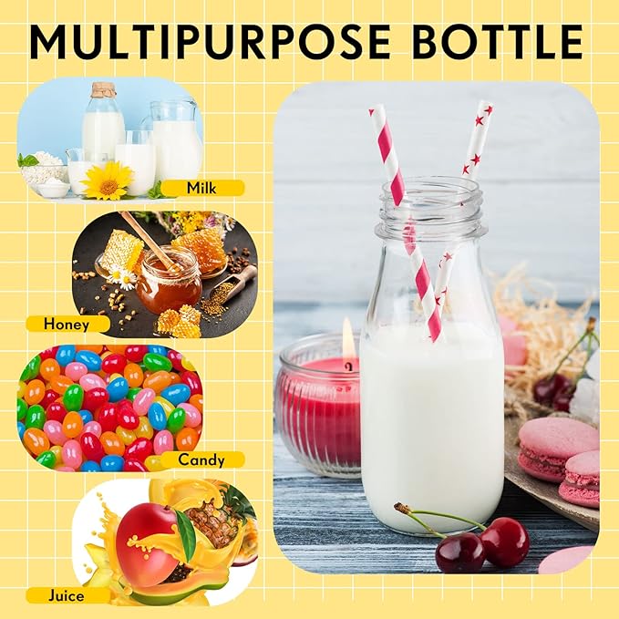 Yinkin 20 Sets Plastic Milk Bottles with Straws Lids Clear Plastic Containers for Dairy Milk Party Bottle for Juices Shakes Smoothies (8 oz,Red,White)