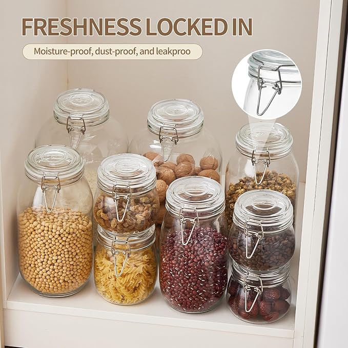 ODBCYWM 51oz Glass Food Storage Jars with Airtight Lids, Set of 3 – Clear Preserving Seal Wire Clip Fastening Canisters for Kitchen Canning, Flour, Cereal, Pasta, Sugar, Beans, Pickling Jars (51oz*3)