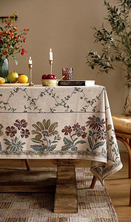 patdrea Designer Linen French Small Tablecloth for Rectangle Table,Fall Country Breathable Floral Tablecloths,Table Cover for Kitchen Dining,Tea Party,Christmas,Thanksgiving,55"x71"-Oliveirad