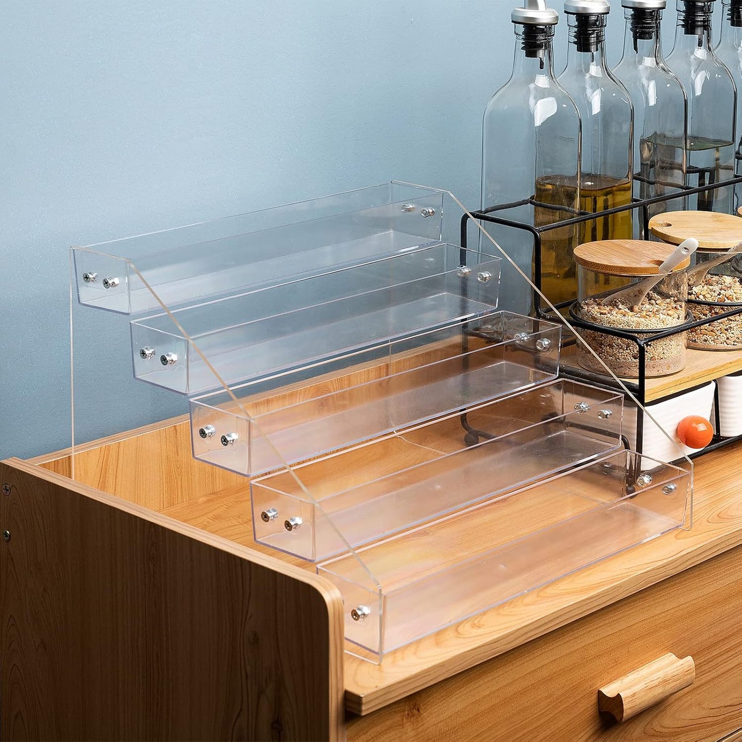 Acrylic Spice Rack, Tiered Spice Rack Shelf Seasoning Organizer for Countertop, Cabinet, Pantry, Kitchen Storage - 5 Tier, 2PCS