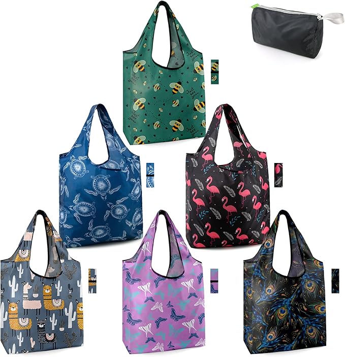 BeeGreen Animals Reusable Grocery Bags Bees Turtles Flamingo Peacock Alpaca Butterfly Lovers Gifts Shopping Bags Bulk 50LBS X-Large Foldable-Heavy Duty