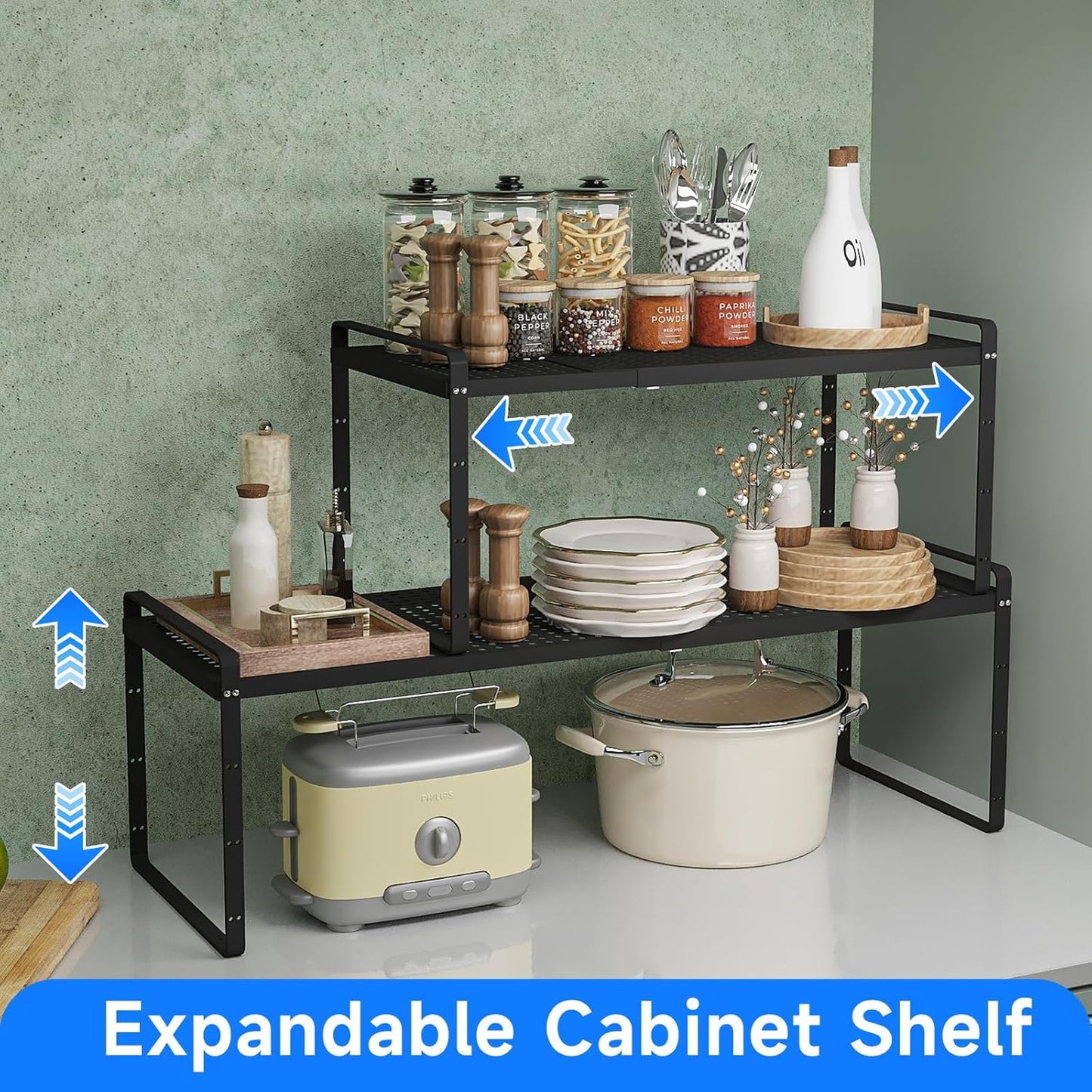 Expandable Cabinet Shelf Organizers, Kitchen Small Stand Rack Organization for Tabletop Countertop Cupborad Pantry, Black 2 Pack