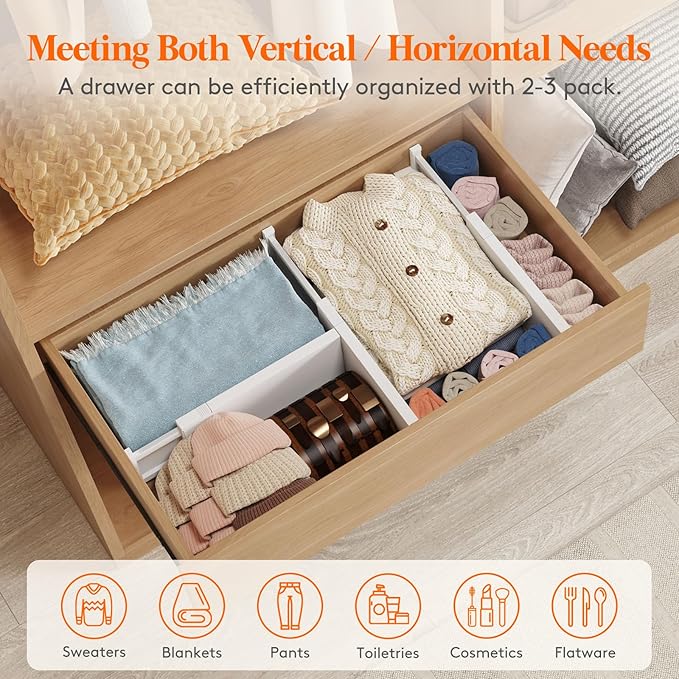Lifewit 5 Pack 5" High Drawer Dividers 34-56cm/13.5-22" Adjustable Drawer Organizer for Clothes/Utensils, Expandable Drawer Separator in Dresser/Kitchen/Bedroom/Office Organization & Storage White