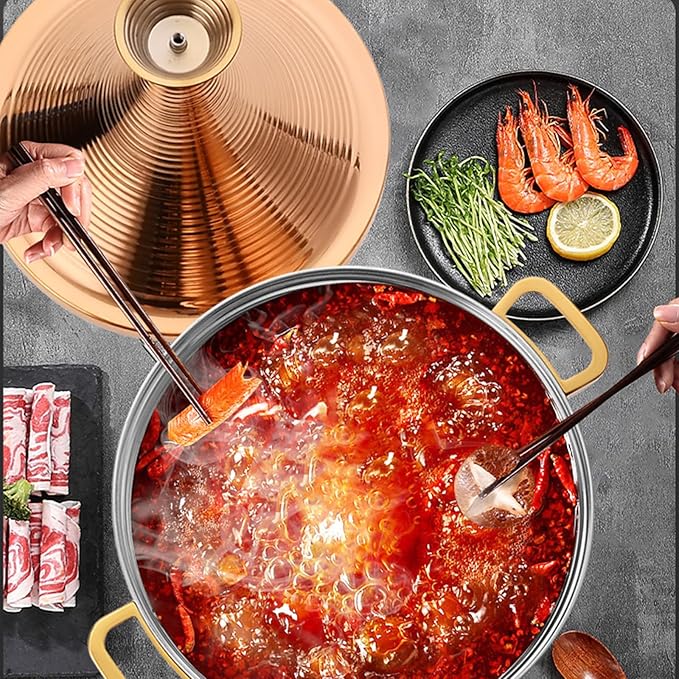 Stainless Steel Moroccan Tagine Pot, Large Moroccan Tajine Casserole with Cone-Shaped Lid, Non Stick Tagine Cooking Pot with 2 Handles(24cm/9.4in, Gold)