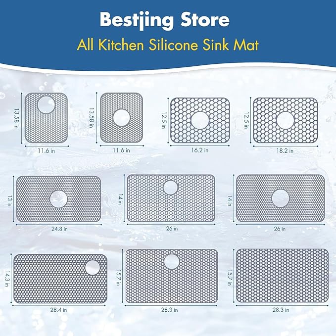 Bestjing Silicone Sink Mat - 24.8''x13'' Sink Protector for Kitchen Sink with Center Drain - Kitchen Grid Accessory, Non-slip Heat Resistant Mat for Bottom of Farmhouse Stainless Steel (Center Hole)