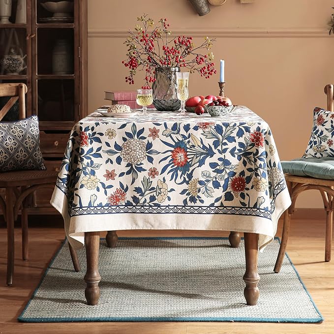 patdrea Designer Blue Tablecloth for Rectangle Table,Vintage Linen with Leaves and Floral Pattern Tablecloths,Farmhouse Decor Cover for Kitchen Dining Christmas,Thanksgiving,55"x87"-Ivar a