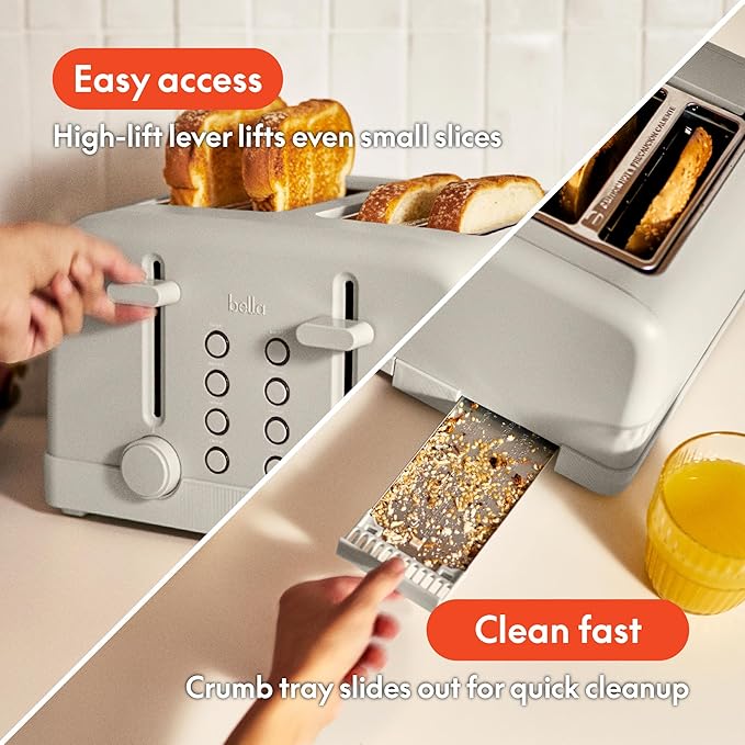 bella 4 Slice Toaster, 6 Setting Shade Control with Reheat & Cancel Buttons, Removable Crumb Tray, Anti Jam & Auto Shutoff, 900 Watt, Oatmilk