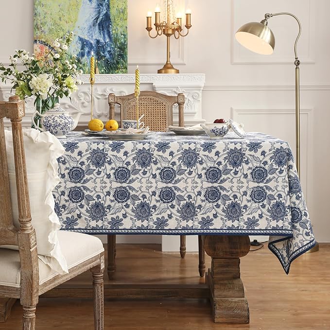patdrea Designer Vintage Blue Long Rectangle Tablecloth,Linen Anti-Wrinkle Paisley Pattern Farmhouse Table Cloth,Decor Table Cover for Kitchen Dining,Christmas,Thanksgiving,63"x94"-Lantang a