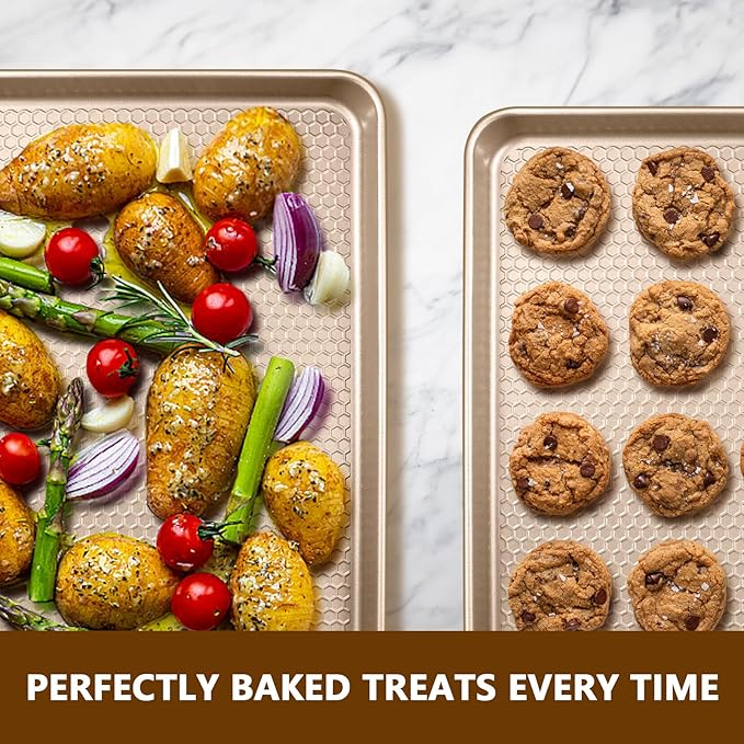 Wildone Baking Sheet Pan Set, Honeycomb Embossed Nonstick Baking Sheet 15x10 In, Thicker Carbon Steel Cookie Sheet, Even Heating Jelly Roll Pan, Champagne Gold, 2 Pack
