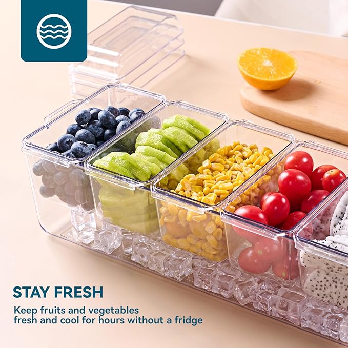 2 Pack Chilled Condiment Tray Server with 5 Containers and Removable Compartments, Large Ice Condiment Organizer, Clear Garnish Serving Platter for Kitchen, Fruit, Salad, Food, Bar Accessories