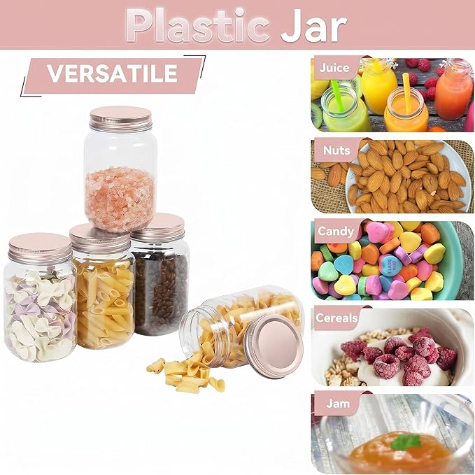 novelinks 16 oz Clear Plastic Jars with Lids, Refillable 16oz Mason Jars with Lids & Storage Containers for Kitchen & Household Use (10 Pack,Rose Gold)
