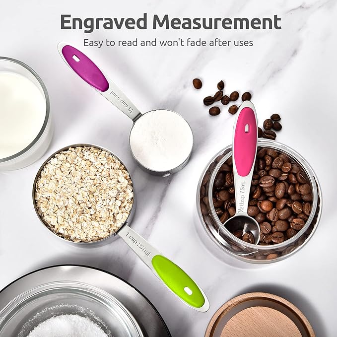 U-Taste 12 Piece Measuring Cups and Spoons Set in 18/8 Stainless Steel, and 600ºF Heat Resistant 13 inch Large Non-Stick Silicone Soup Ladle (Aqua Sky)