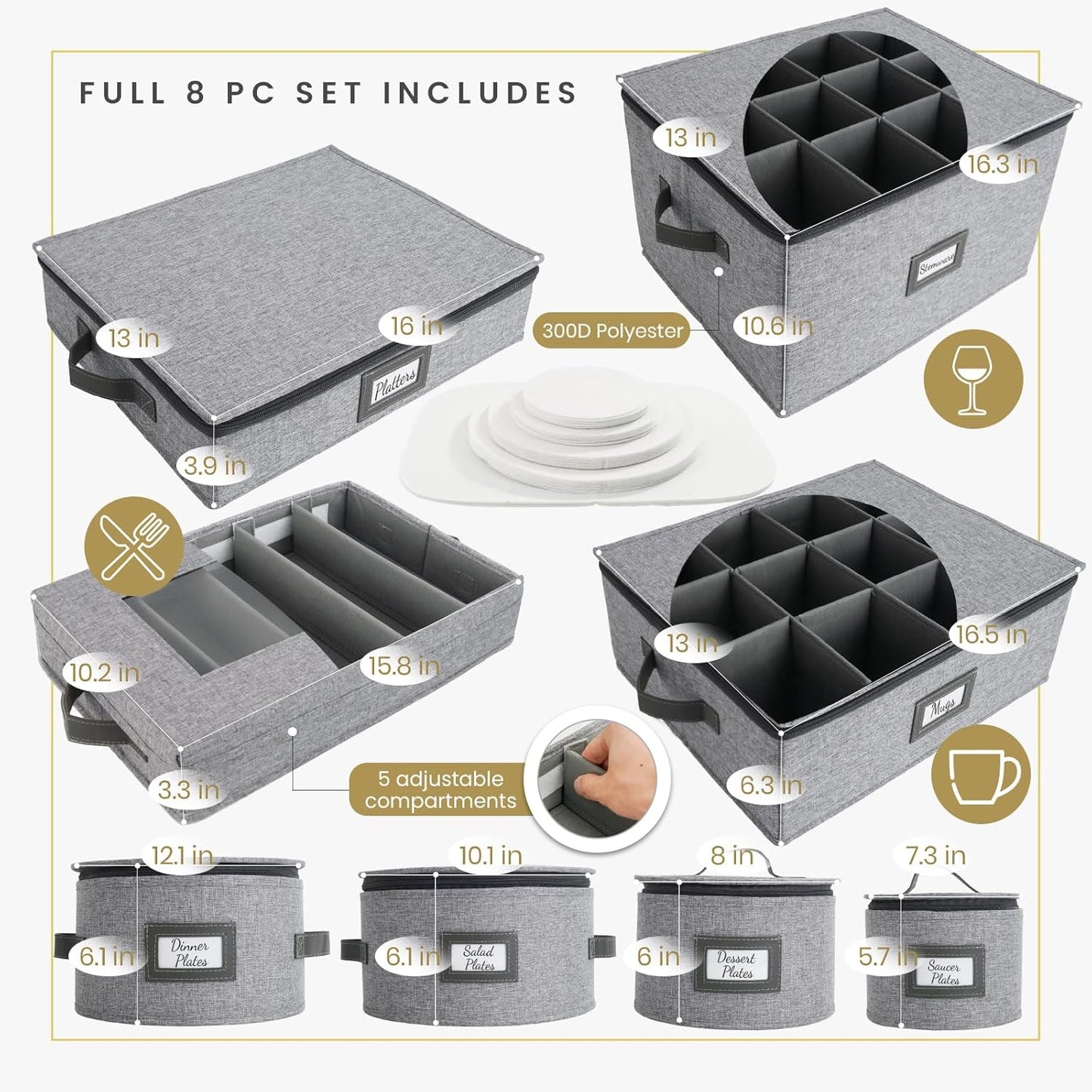 HOMELUX THEORY Hard Shell China Storage Containers, 8pc Light Gray Mug & Plate Storage Box, Kitchen Storage Bins With Lids, Heavy Duty Moving Box with Handles for Dishes, Silverware, Cup & Mug