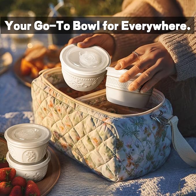 Artena Ramekins with Lids, Creme Brulee Ramekins Oven Safe, Ceramic Pudding Cups, Souffle Cups, Custard Cups, Dipping Sauce Cups, Food Storage Containers with Lids, Set of 4 (Multiple Patterns, 8 oz)