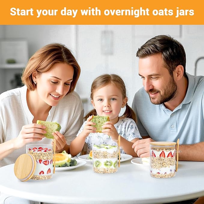 Glass Jars with Bamboo Lids and Spoon - 4 Pack 26 Fl.oz Round Glass Storage Jars with Airtight Lid, Includes Labels and Marker, Sugar Container Set for Coffee Bar, Tea Canister for Cereal, Bean