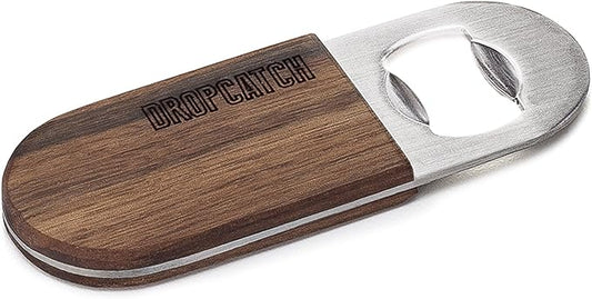 Dropcatch Handheld Bar Blade Bottle Opener | Flat Beer Cap Bottle Opener | Durable Bartender or Home Tool | Heavy Duty Stainless Steel & Walnut Finish | Mini 4.25” x 1.5”
