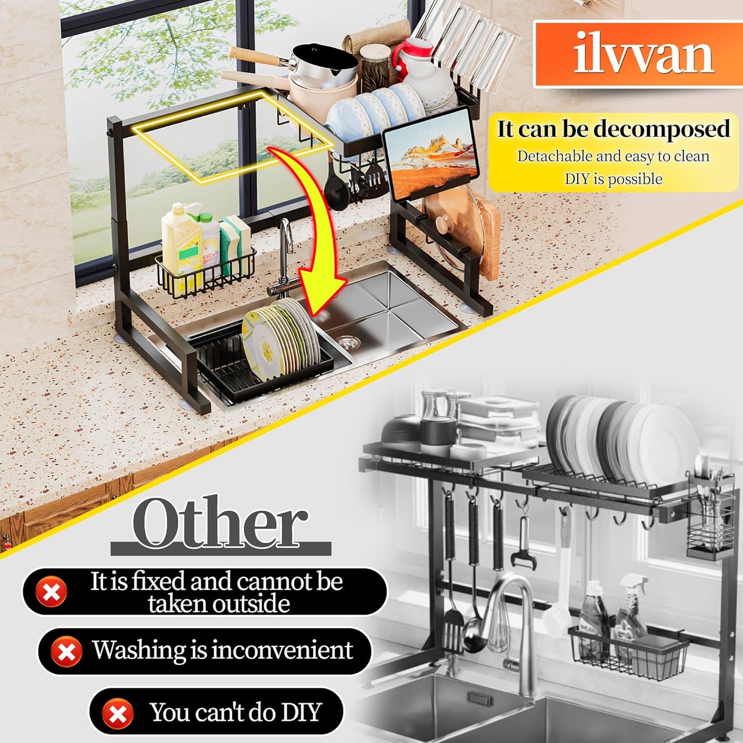 Over Sink Dish Drying Rack (Expandable Height/Length) Snap-On Design Large Dish Drainer Storage Counter Organizer 24" - 35.5"(L) x 12"(W) x 19" - 22"(H)