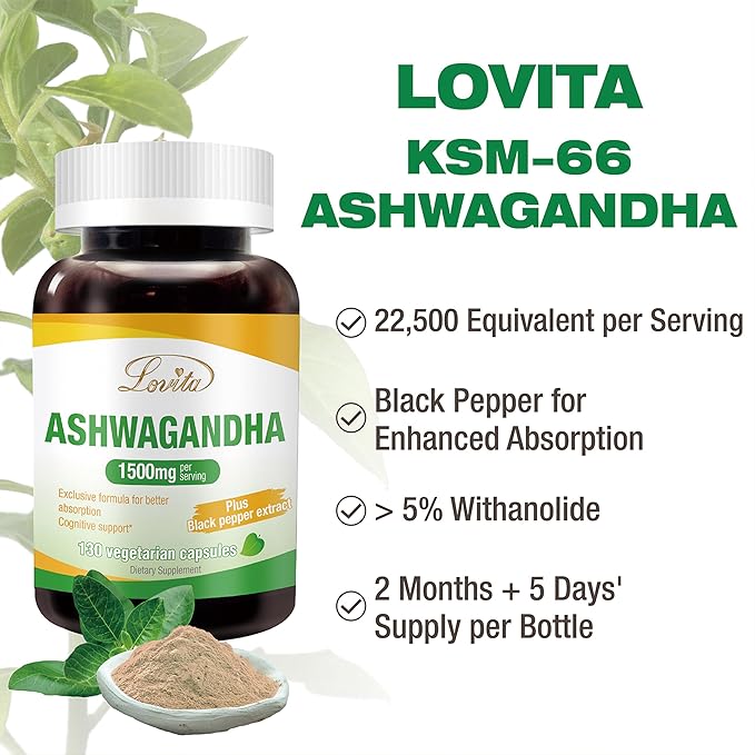 Lovita KSM-66 Ashwagandha | Highly Concentrated | 5% Withanolide | 95% Black Pepper Piperine | Stress Relief & Energy Support | Vegan, Gluten Free | 130 Capsules (Pack of 3)