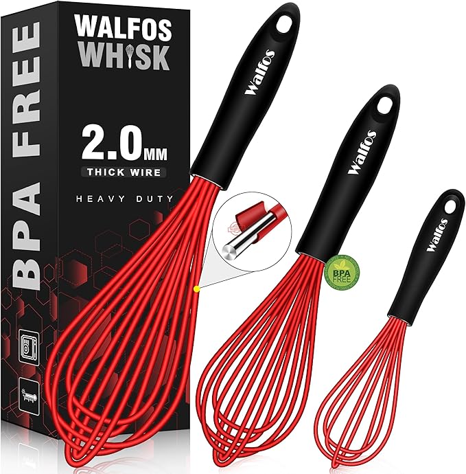 Walfos Whisk,Silicone Whisks- Heat Resistant（480°F） Silicone Whisks for Cooking Non Scratch,BPA free and Dishwasher Safe.Perfect for Blending,Whisking,Beating, Set of 3(Red)