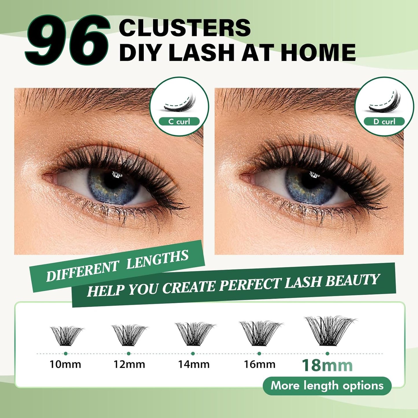 Lash Clusters 96pcs Individual Lashes D Curl 16mm Eyelash Clusters KEYYOU Volume Wispy Lash Extension Soft&Comfortable Easy DIY at Home(Y24,D-16mm)