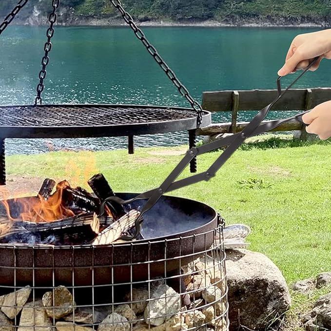Fireplace Tongs 26”, himaly Heavy Duty Wrought Iron Steel Fireplace Poker Tools - Rust Resistant Black Finish, Fire Pit Poker Log Grabber for Indoor/Outdoor