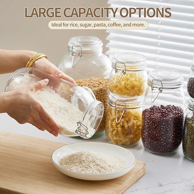 ODBCYWM 51oz Glass Food Storage Jars with Airtight Lids, Set of 3 – Clear Preserving Seal Wire Clip Fastening Canisters for Kitchen Canning, Flour, Cereal, Pasta, Sugar, Beans, Pickling Jars (51oz*3)