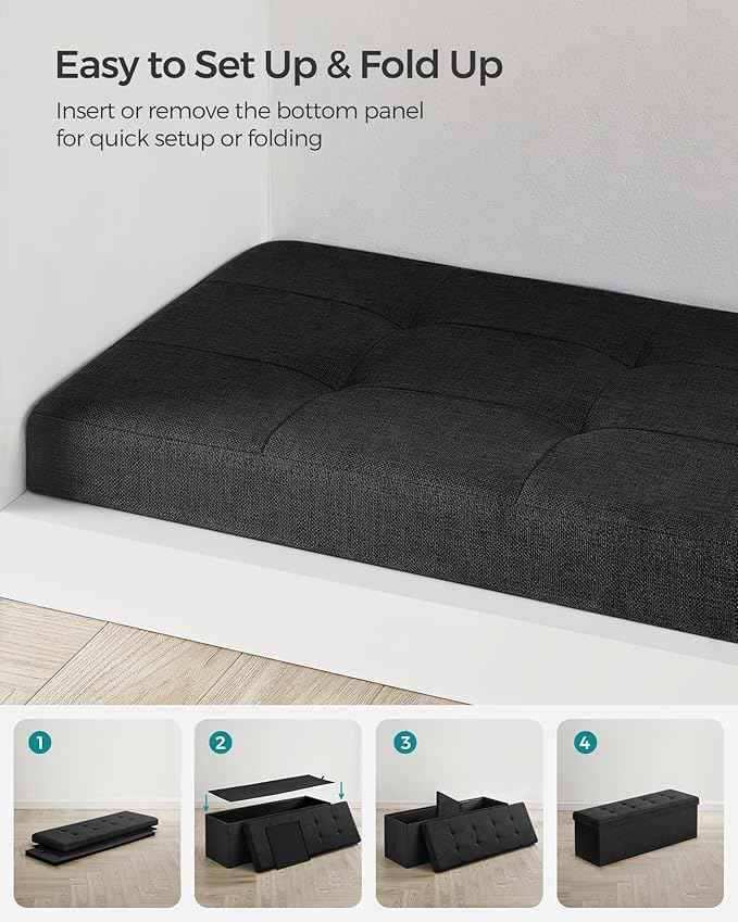 SONGMICS MAZIE Collection - 43 Inches Folding Storage Ottoman Bench, Ottoman Foot Rest, End of Bed Bench, Storage Chest, Load 660 lb, for Living Room, Bedroom, Entryway, Ink Black ULSF077B01