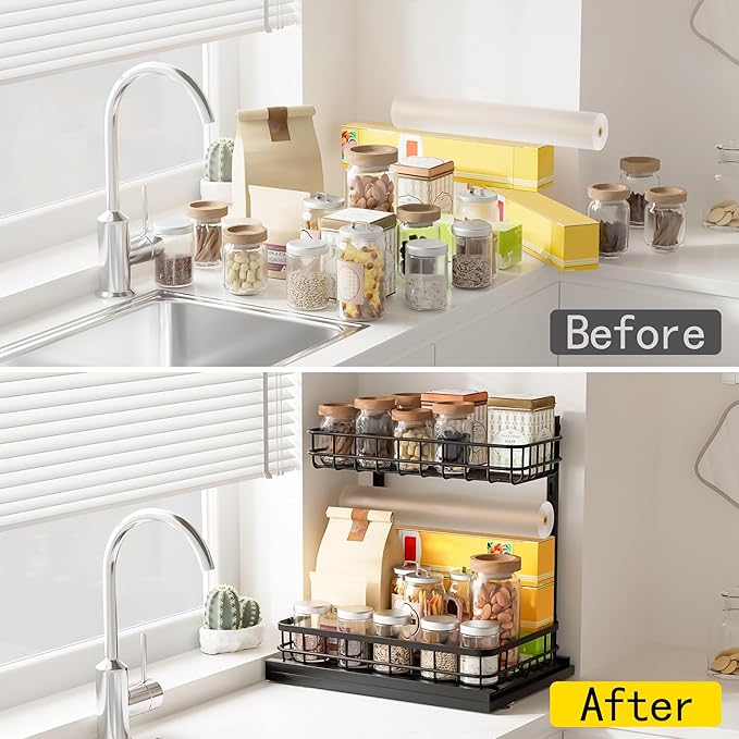 Under Sink Organizer, Adjustable Height Pull-Out Kitchen Storage Organization,15.8" x 11.8" x 16.5", 2-Tier Kitchen Shelf, Bathroom Drawer Organizer, 2 Pack|Black