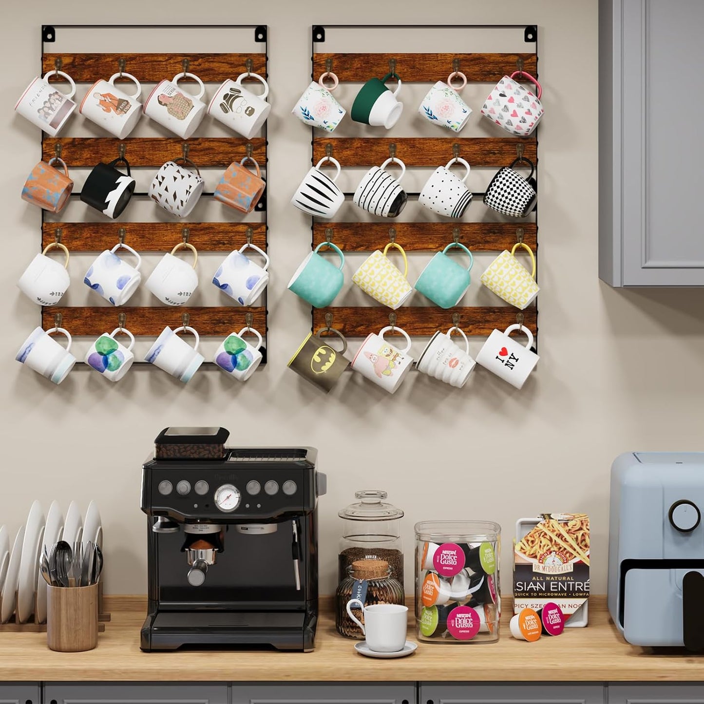 Mug Racks for Wall, Coffee Mug Holder Wall Mount Up to Hold 24 Mugs, Coffee Mug Rack Wall Mounted（3Pack） for Kitchen, Home, Coffee Bar, Rustic Wood and Iron