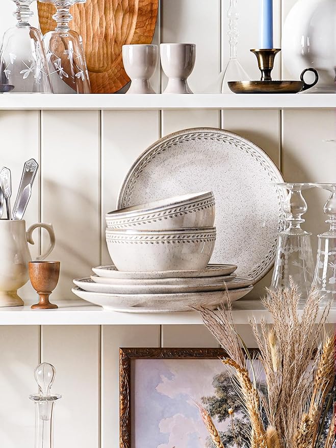 LE TAUCI 24 Piece Dinnerware Sets for 8, Large Plates and Bowls Sets, Ceramic Dishes Set for 8, Modern Stoneware Tableware, Chip Resistant, Ideal for Hosting, Reactive Beige (8"&10" Plate, 27oz Bowl)