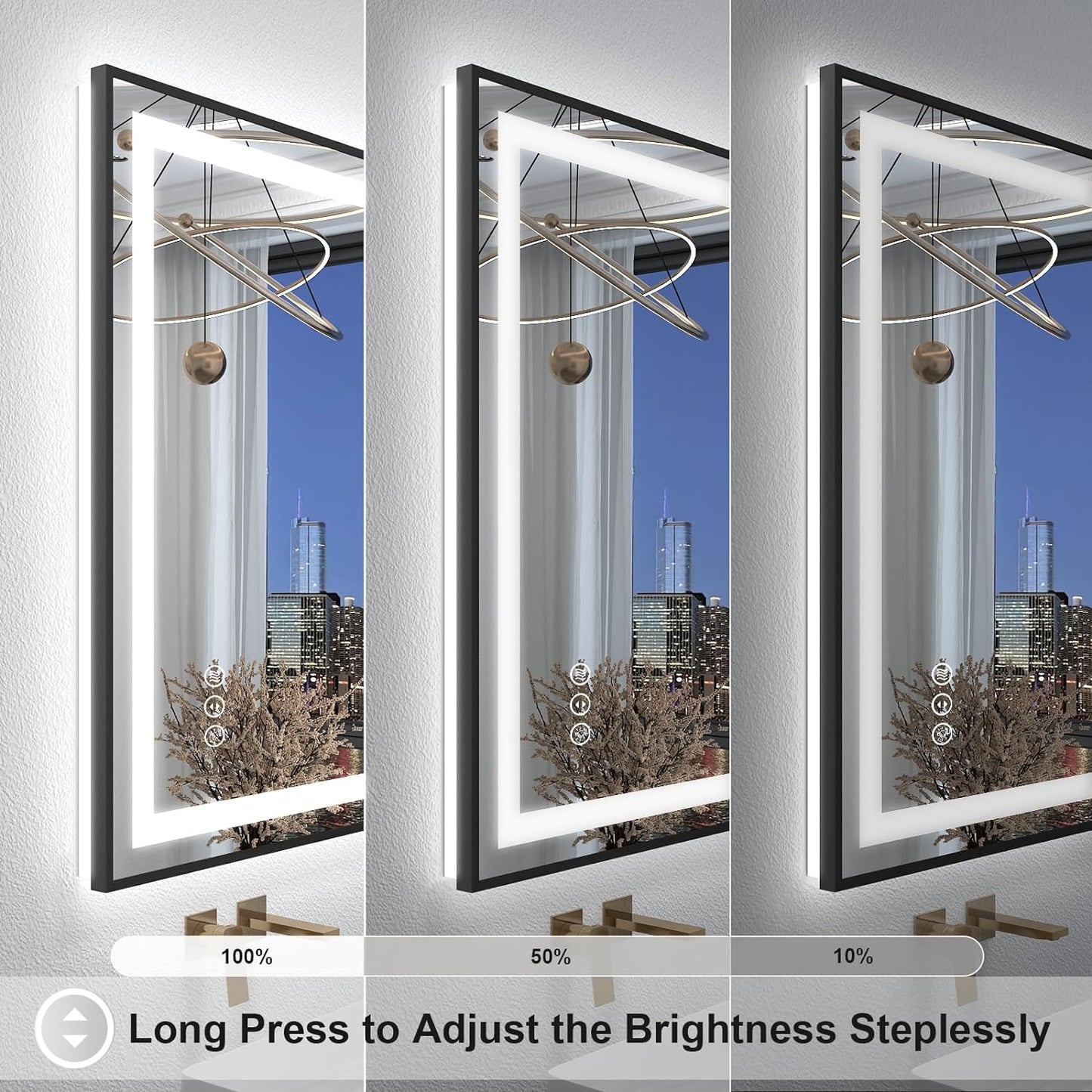 OKPAL 26x36 Black LED Bathroom Mirror with Lights, Frontlit & Backlit Metal Framed Mirror, Lighted Bathroom Vanity Mirror, Anti-Fog, Dimmable 3 Colors, Shatterproof, Horizontal/Vertical