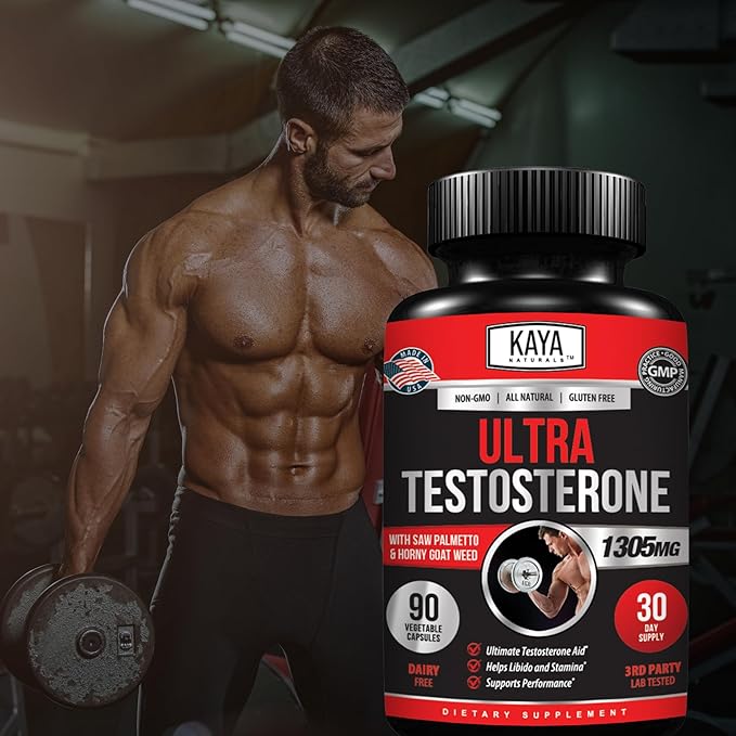 Kaya Naturals Ultra Testosterone - Men's Testosterone Booster with Tongkat Ali, Horny Goat Weed, Tribulus - Natural Workout Supplement for Energy, Stamina, and Strength Booster - 90 Count