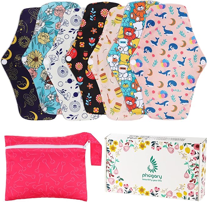 PHOGARY Reusable Menstrual Pads, Bamboo Cloth Pads for Heavy Flow with Wet Bag, Large Sanitary Pads Set with Wings for Women, Washable Overnight Cloth Panty Liners Period Pads(7 in 1, Style H)