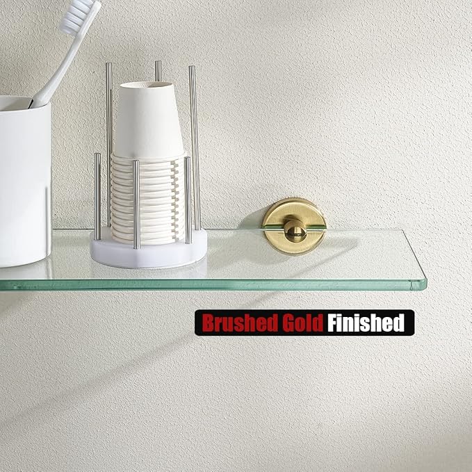 JQK Bathroom Glass Shelf Gold, Tempered Glass Shower Storage 14 by 5 inches, 304 Stainless Steel Brushed Gold Wall Mount, TGS101L14-BG