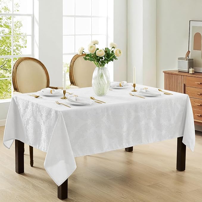 Newbridge Barcelona Luxury Damask Fabric Tablecloth, 70” Extra Wide x 144” Rectangle, White, 100% Polyester, No Iron, Soil Resistant Dining Room, Party and Banquet Table Cover